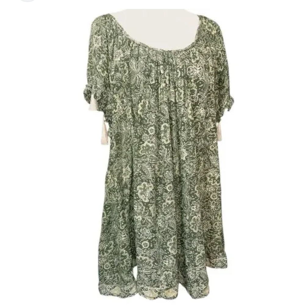 Anthro Natalie Martin Silk Chemise short boho green paisley tassel‎ dress
